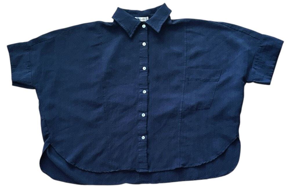 Magnolia Boutique Boxy Oversized Short Sleeve Button Up Navy Blue Top Small